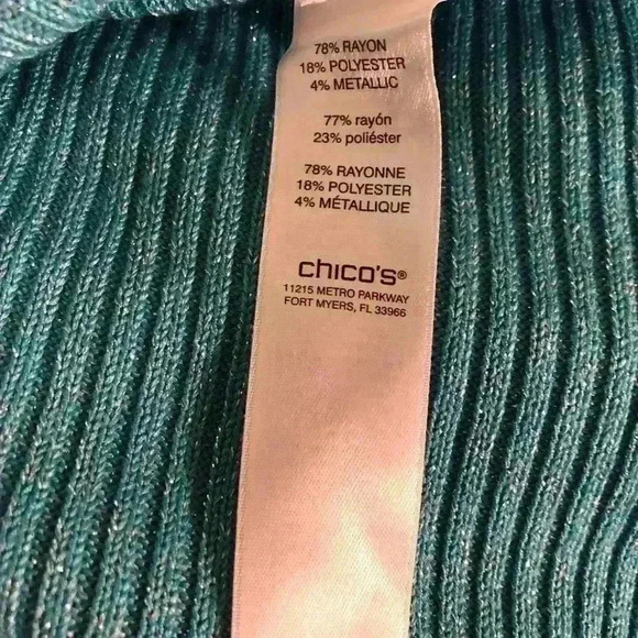 Chicos Size 1 Medium Sweater Turquoise Blue with Silver Strands Ribbed Knit - Picture 5 of 5